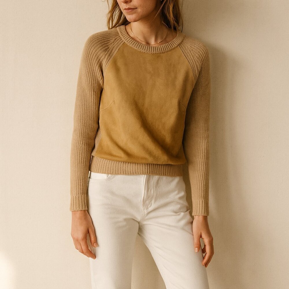 Ralph Lauren Vintage Black Label Lamb Suede Leather Knit Paneled Sweater Tan XS